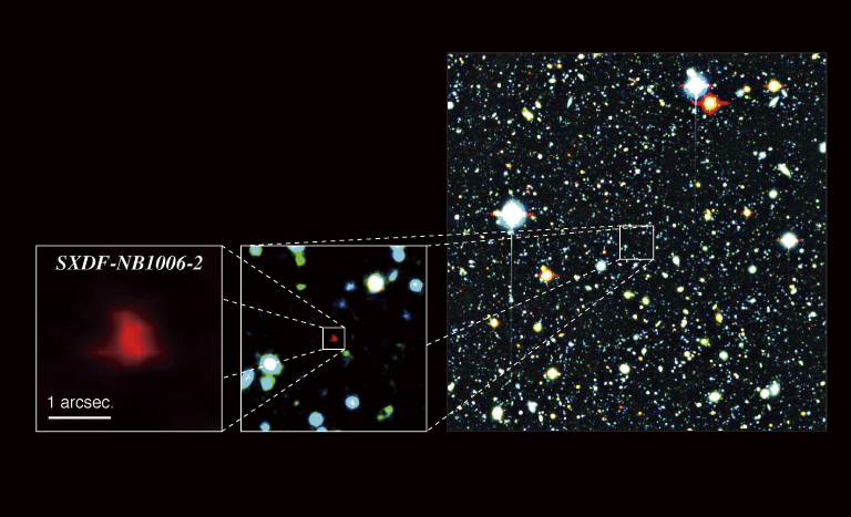 Red object enlarged at lower left: A galaxy 12.91 billion light-years away, SXDF-NB1006-2